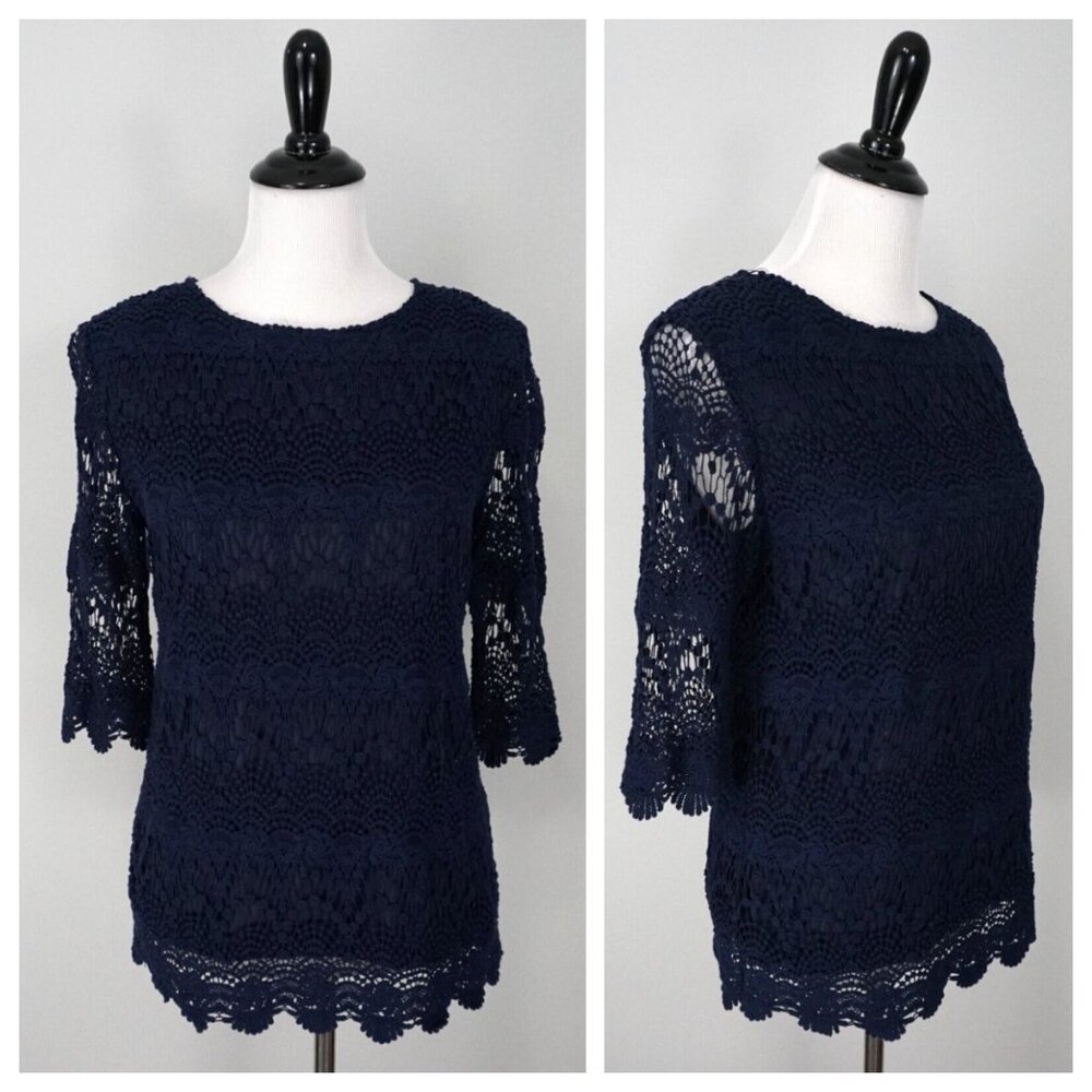 JOULES CLOTHING Blue Lace Knit 3/4 Sleeve Sheer Lisbeth Top Shirt Size 8